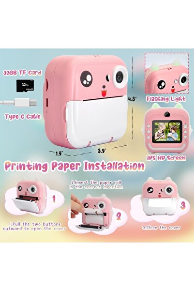 Generic كاميرا طباعة فورية للأطفال | صور بدقة ٤٨ ميجابكسل، فيديو عالي الدقة ١٠٨٠ بكسل، هاتف متصل، وبطاقة ذاكرة ٣٢ جيجابايت متضمنة