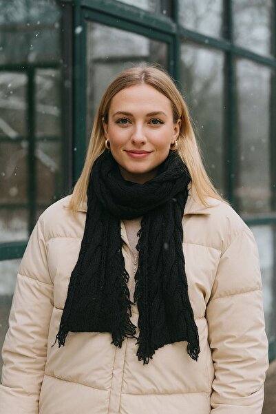 Axesoire 14810 Saçaklı Geniş Örgülü Siyah Yumuşak Dokulu Triko Atkı 30x180 cm