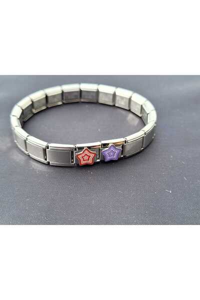 stainless steell pembe ve mor yıldızlı ikili çelik italyan bileklik charmı