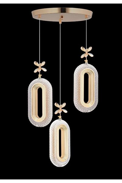 Akgül 3'li Gold Kaplama Sarkıt Led Salon Avize 3 Renk Ledli