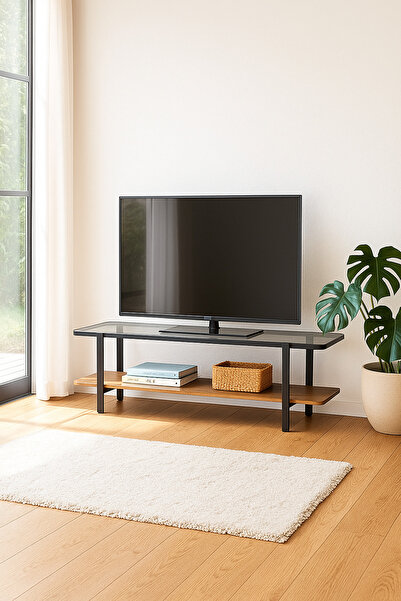 MARIA HOMES حامل تلفزيون عصري بني اللون مع سطح زجاجي ورف تخزين - 160×40×50 سم