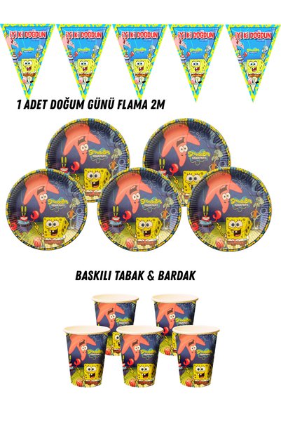 HAPPYLOOPPARTY Sünger Bob Patrick 40 Kişilik Tabak , Bardak , Flama Bayrak Do...