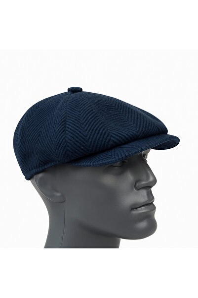 Butik Lacivert Erkek Kışlık Kaşe Kumaş Desenli Arkası Lastikli Standart kaske...