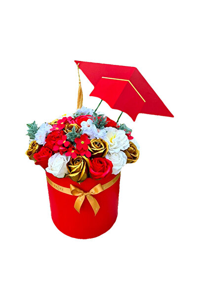 velve Aranjament floral pentru absolvire, in cutie rotunda cu trandafiri, flo...