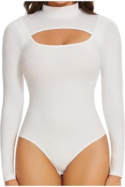 Joyshaper Women's body shaper bodysuit with long sleeves, round neck, White L