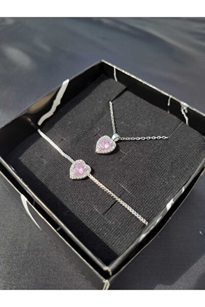 stainless steell zirkon taşlı kalpli pembe paslanmaz çelik kolye ve bileklik seti