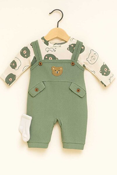 NAFİTO Bebek Erkek 3'lü Tulum Takımı Salopet Ve Çorap Seti Ayıcık Desenli Badi Ayı Nakışlı Pamuklu Unısex