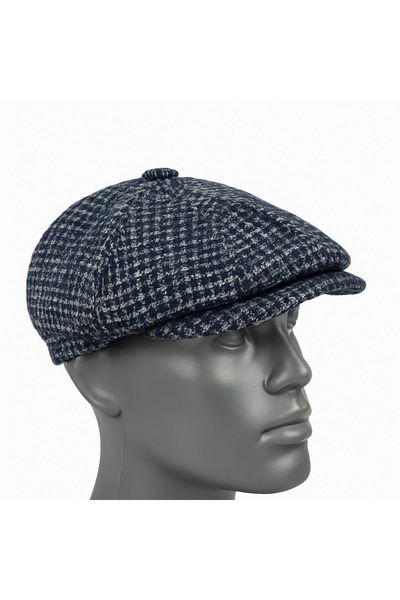 Butik Mavi Erkek Kışlık Kaşe Kumaş Desenli Arkası Lastikli Standart kasket Şapka (Newsboy Cap)