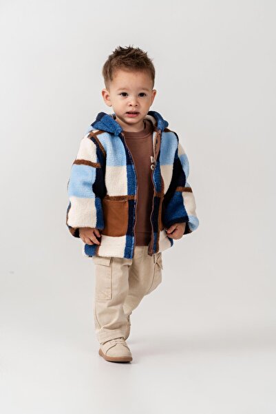 Magu Boy's Cotton Hooded Blue Plaid Zippered Fleece Coat