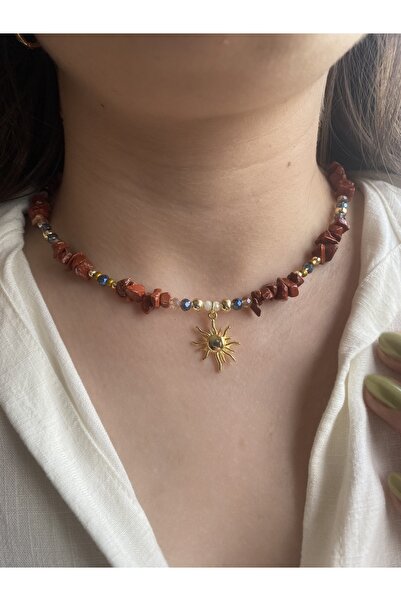 Anetta Jewelry Kadın kırmızı mercan doğal taş tasarım güneş Çelik uçlu kolye