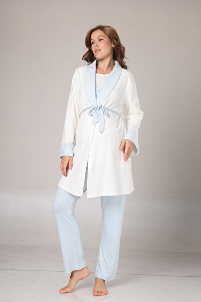 Lohusa Homewear Kadın Mavi Jakarlı Dantel Detaylı Kışlık Özel Tasarım Lohusa Hamile Sabahlık Pijama Takımı 3'Lü Set