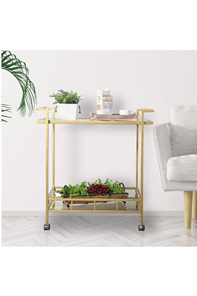 genric عربة بار فاخرة من FFD - إطار معدني مع أرفف زجاجية شفافة | خدمة متنقلة باللون الذهبي