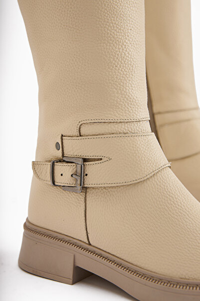 Limoya Penda Genuine Leather Beige Women's Zippered Boots with Buckle Detail