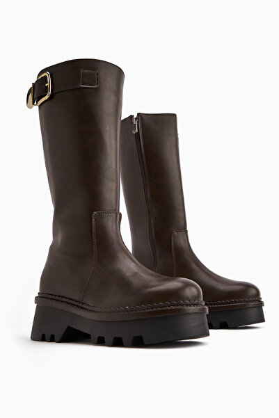 Limoya Hely Brown Buckle Detailed High-Sole Women's Boots