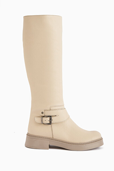 Limoya Penda Genuine Leather Beige Women's Zippered Boots with Buckle Detail