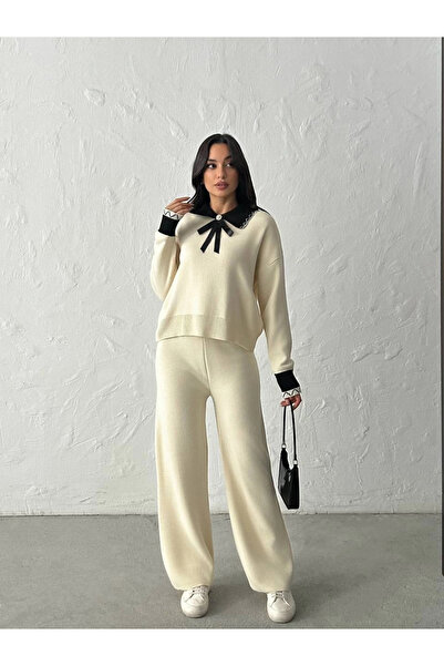 Lusin Жіночий екрю стильний комір деталізований светр штани верхній нижній двокомпонентний трикотажний комплект