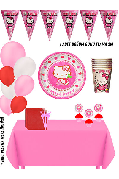 HAPPYLOOPPARTY Hello Kitty 8 Kişilik Doğum Günü Parti Süsleri Seti