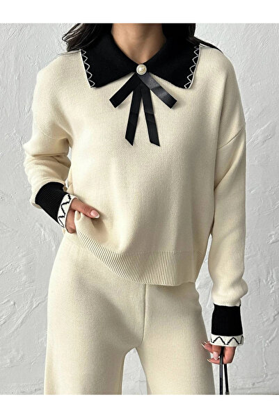 Lusin Жіночий екрю стильний комір деталізований светр штани верхній нижній двокомпонентний трикотажний комплект