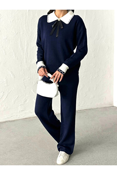 Lusin Жіночий синій елегантний светр з деталями на комірі, штани, верхній і нижній комплект трикотажу
