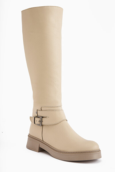 Limoya Penda Genuine Leather Beige Women's Zippered Boots with Buckle Detail