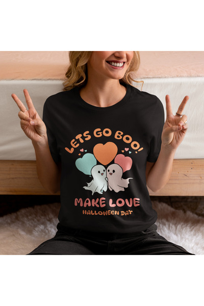 MAGORS تي شيرت نسائي قطني برقبة دائرية مطبوع عليه عبارة HALLOWEEN LET'S GO BOO