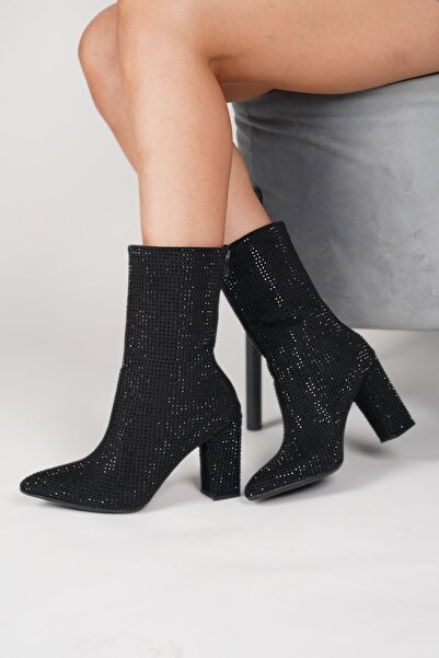 LACCE-UP Işıltılı Taş Detaylı Süet Topuklu Fermuarlı Sivri Burun Kadın Bot