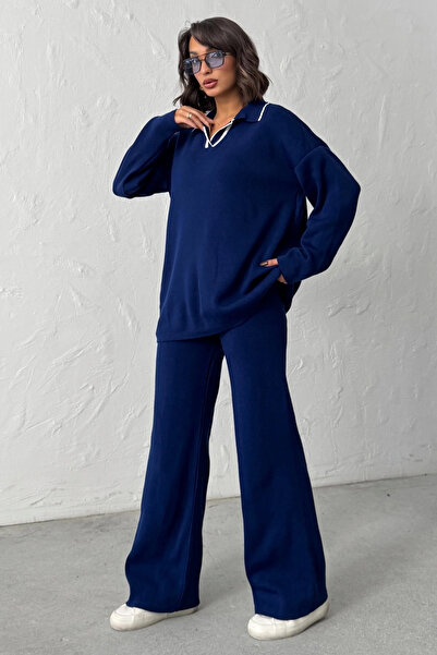 Lusin Women's Navy Blue Polo Neck Sweater High Waist Pants Bottom Top Two-Piece Knitwear Set