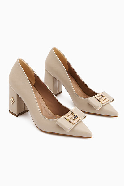 Limoya Melly Beige Buckle Thick Heeled Women's Shoes