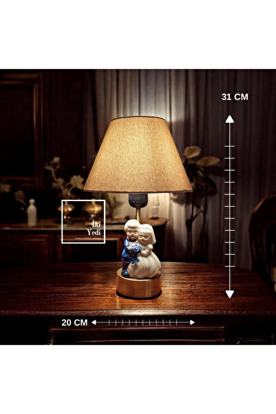 77 Churtov 771 Gelin Damat Temalı Masa Lambası, 31 cm Porselen Gövdeli Abajur...