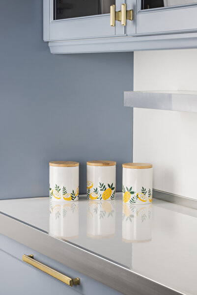 color house 3 Adet Seramik Limon Motifli Kavanoz Şekerlik Çay Kahve Saklama K...