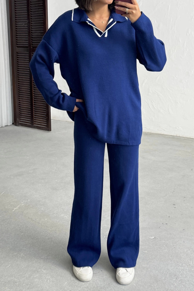 Lusin Women's Navy Blue Polo Neck Sweater High Waist Pants Bottom Top Two-Piece Knitwear Set