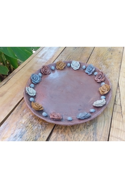 Comlekevi toprak saksı Gül kabartmalı el yapımı toprak tepsi