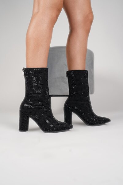 LACCE-UP Işıltılı Taş Detaylı Süet Topuklu Fermuarlı Sivri Burun Kadın Bot