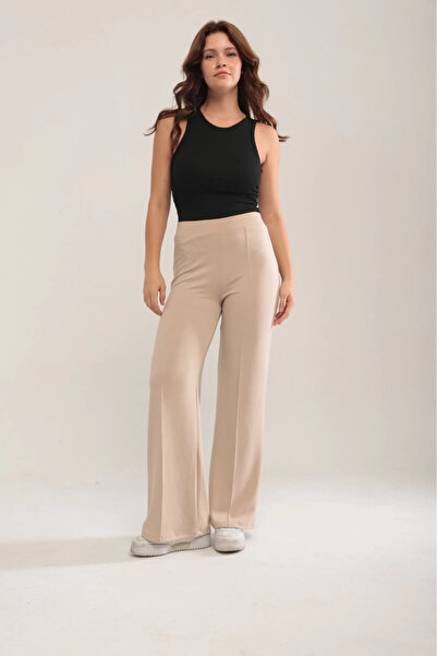 PHANTOM JEANS Women's Beige Modal Wide Leg Striped High Waist Soft Textured Lycra Trousers with Elastic Waist