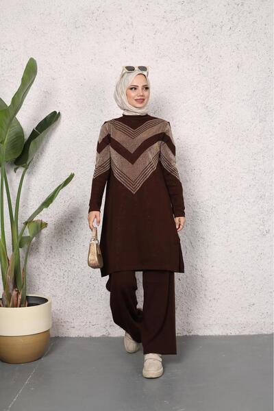 nacar çarşı KADIN UZUN BİSİKLET YAKA TRİKO KENDİNDEN simli DESENLİ TUNİK TRİK...