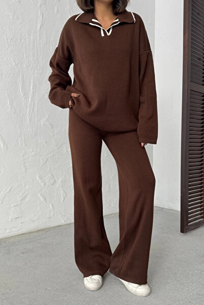 Lusin Жіночий коричневий светр з поло-комірцем, брюки з високою талією, комплект з двох трикотажних речей
