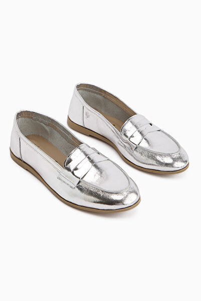 Limoya Solina Genuine Leather Silver Patent Leather Moccasin Shoes Comfortable Casual Loafer