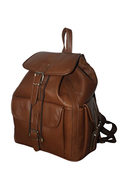 MEBES Genuine Leather Light Brown Backpack with 3 Pockets Model for Women and...