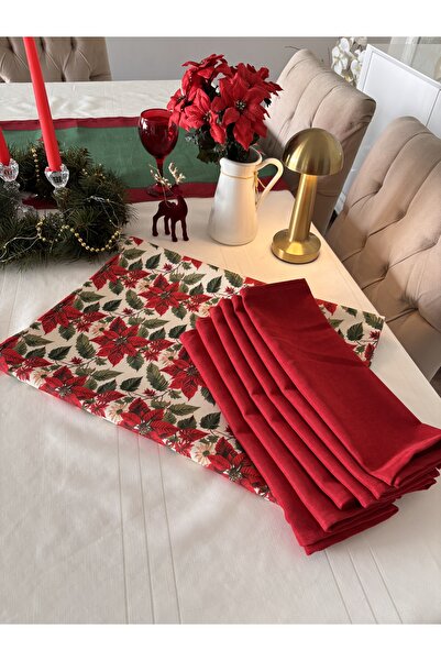Ayd Home 6-Person Red Floral Set 1 Runner+6 American-Style Placemats Christmas Table New Year Christmas