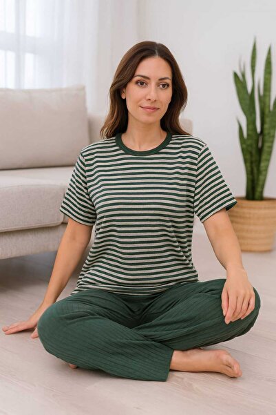 Tenra Kadın Pijama Takımı Kısa Kollu %100 Pamuk Yeşil Çizgili