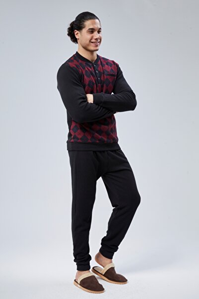 M MOONCOVER Mooncover Men's Winter Pajama Set with Diamond Pattern on the Front, Black