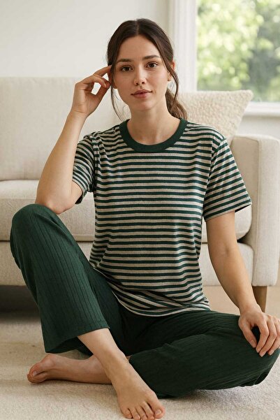Tenra Kadın Pijama Takımı Kısa Kollu %100 Pamuk Yeşil Çizgili