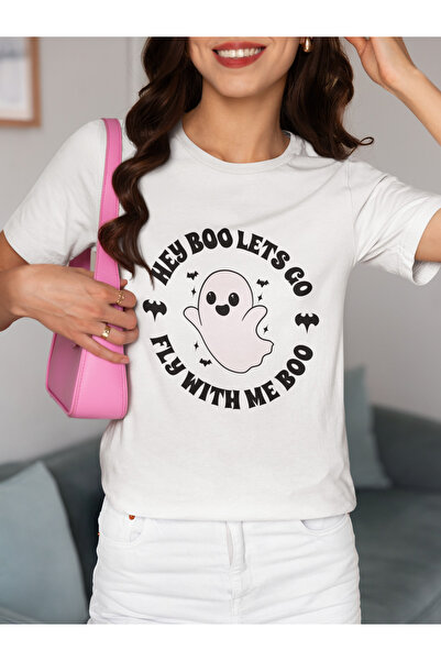 MAGORS تي شيرت نسائي من القطن بياقة دائرية وطباعة شبح الهالوين بتصميم قياسي