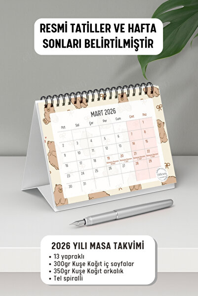 Eldesen Tasarım 2026 Masa Takvimi Spiralli A6 (15x12cm) Orta Boy / Resmi Tatiller ve Hafta Sonları / 12 Aylık