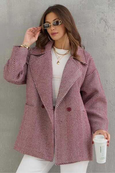 MATTİMODA Kadın Balık Sırtı Oversize Bordo Kısa Kaban