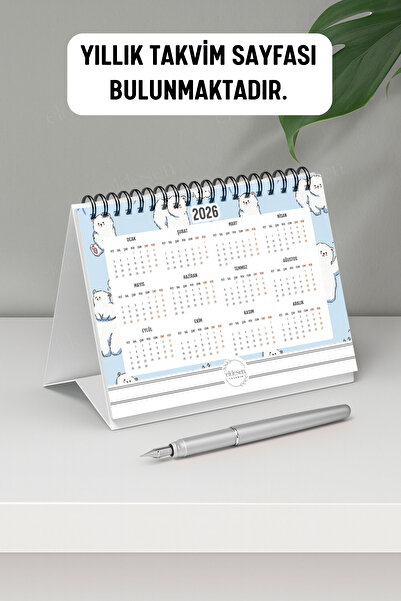 Eldesen Tasarım 2026 Masa Takvimi Spiralli A6 (15x12cm) Orta Boy / Resmi Tatiller ve Hafta Sonları / 12 Aylık