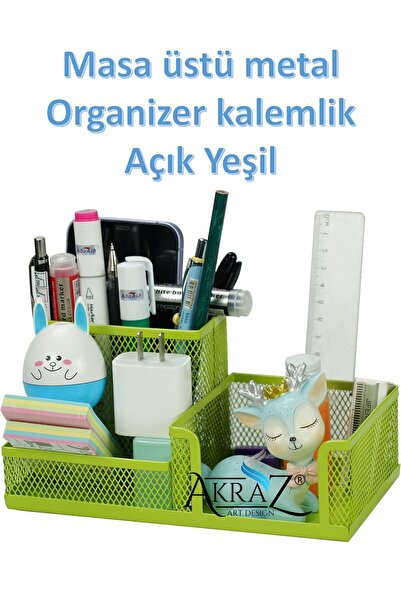 Akraz Art Design MASA ÜSTÜ METAL KALEMLİK ÜÇ GÖZLÜ (MASA SETİ) AÇIK YEŞİL
