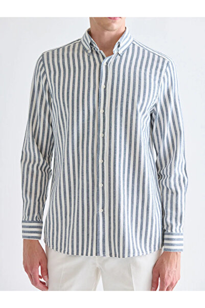 LC Waikiki SOUTHBLUE Lacivert Regular Fit Çizgili Keten Görünümlü Erkek Gömlek