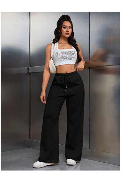 LOSSİA Γυναικείο μαύρο φαρδύ παντελόνι φόρμας μεγάλου μεγέθους, υψηλής ποιότη...