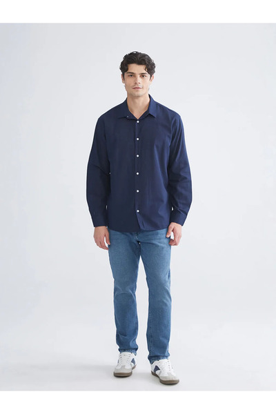 LC Waikiki Xside Navy Blue Regular Fit Long Sleeve Linen Blend Men's Shirt